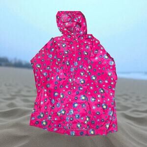 Lands End Girls Rain Jacket 14 Hooded Windbreaker Full Zip Floral Pink Packable